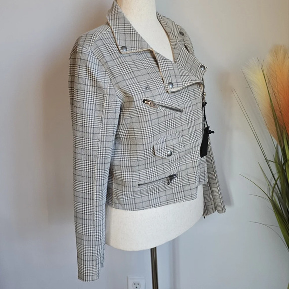 Revolve, New, Black NYC Glen Neutral Plaid Moto Zip Front Jacket, Size Medium - Picture 5 of 11